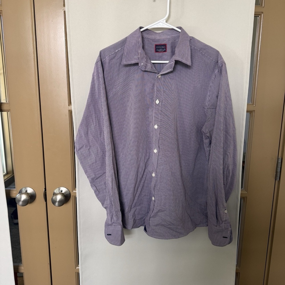 Untuckit Men's Large Purple White Plaid Long Sleeve Button Up Shirt Collar Top